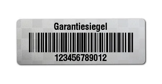 Siegeletiketten Material:Polyester-Folie Silberoptik Siegeletikette Größe:36x13mm Kopfzeile:"Garantiesiegel" Barcode:128B Stellenanzahl:12-stellig Menge:1000