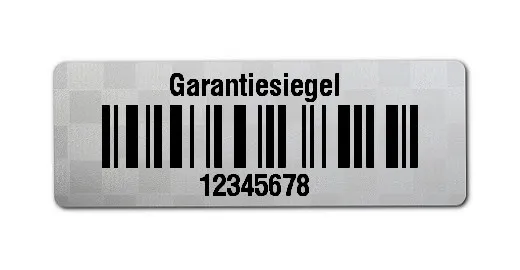 Siegeletiketten Material:Polyester-Folie Silberoptik Siegeletikette Größe:36x13mm Kopfzeile:"Garantiesiegel" Barcode:128C Stellenanzahl:8-stellig Menge:500