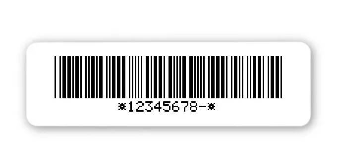 Universaletiketten Material:Thermopapier Größe:50x15mm Kopfzeile:"ohne" Barcode:Code 39 mit Prüfziffer Stellenanzahl:9-stellig Ausführung:3 Etiketten pro Nummer Menge:300