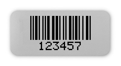 Universaletiketten Material:Folie silber matt Größe:26x12mm Kopfzeile:"ohne" Barcode:2a5 mit Prüfziffer Stellenanzahl:6-stellig Ausführung:4 Etiketten pro Nummer Menge:100