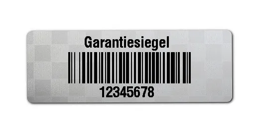 Siegeletiketten Material:Polyester-Folie Silberoptik Siegeletikette Größe:36x13mm Kopfzeile:"Garantiesiegel" Barcode:128B Stellenanzahl:8-stellig Menge:100