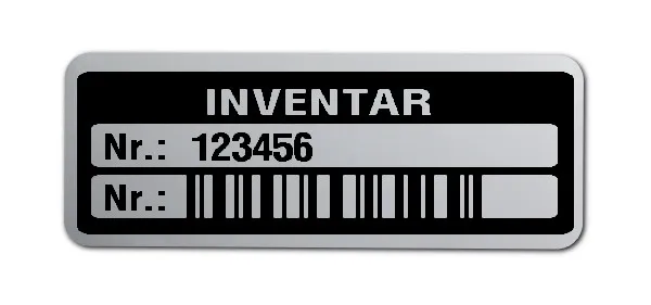 Inventaretiketten Material:Polyester-Folie Silberoptik matt Größe:40x15mm Kopfzeile:"Inventar" Barcode:128C Stellenanzahl:6-stellig Menge:500
