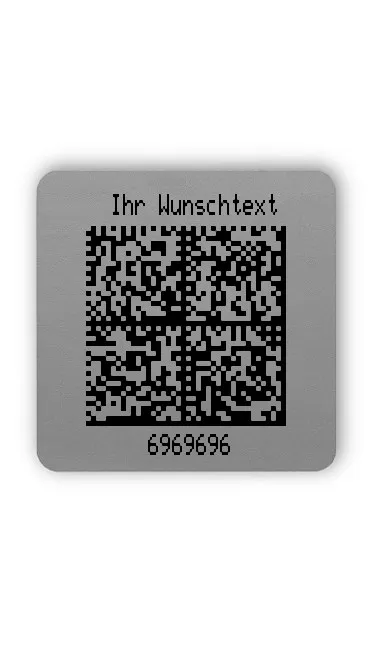 Produktbild:Universaletiketten Material:Folie silber Größe:26x26mm Kopfzeile:"Ihr Wunschtext" Barcode:DataMatrix Stellenanzahl:Webadresse Ausführung:1 Etikett pro Nummer Etiketten je Rolle:1000