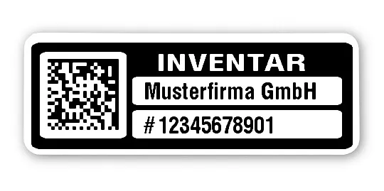 Inventaretiketten Material:Polyethylen-Folie hochglänzend weiß Größe:40x15mm Kopfzeile:"Ihr Wunschtext" Barcode:DataMatrix Stellenanzahl:11-stellig Menge:100
