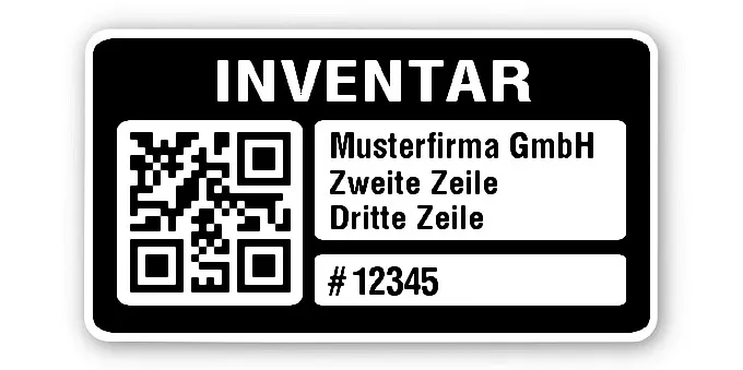 Inventaretiketten Material:Polyethylen-Folie hochglänzend weiß Größe:45x25mm Kopfzeile:"Ihr Wunschtext" Barcode:QR Stellenanzahl:5-stellig Menge:1000