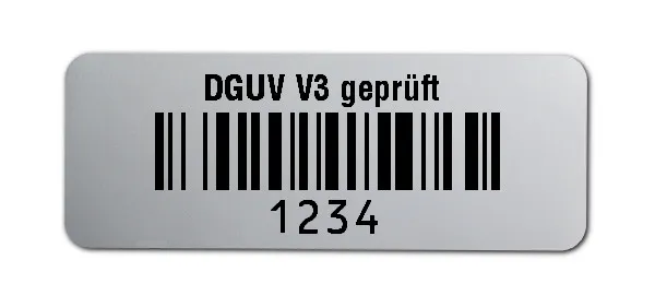 Prüfetiketten Material:Polyester-Folie Silberoptik matt Größe:40x15mm Kopfzeile:"DGUV V3 geprüft" Barcode:128B Stellenanzahl:4-stellig Ausführung:1 Etikette pro Nummer Menge:1000