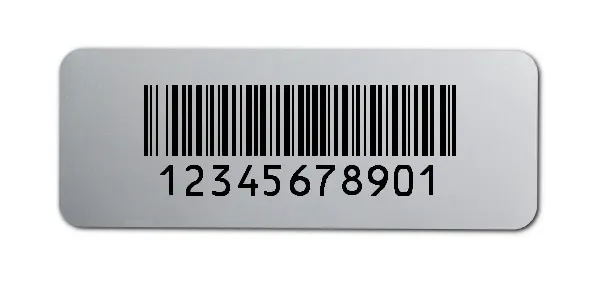 Universaletiketten Material:Polyester-Folie Silberoptik matt Größe:40x15mm Kopfzeile:"ohne" Barcode:128B Stellenanzahl:11-stellig Ausführung:1 Etikette pro Nummer Menge:500