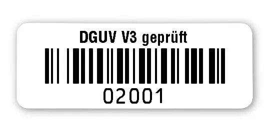 Universaletiketten Material:Folie hochglänzend weiß Größe:40x15mm Kopfzeile:"DGUV V3 geprüft" Barcode:128B Stellenanzahl:5-stellig Ausführung:1 Etikette pro Nummer Menge:1000