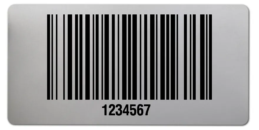 Universaletiketten Material:Polyester-Folie Silberoptik matt Größe:68x34mm Kopfzeile:"ohne" Barcode:128B Stellenanzahl:7-stellig Ausführung:1 Etikette pro Nummer Menge:500