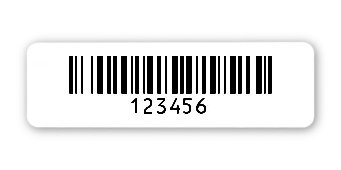 Universaletiketten Material:Folie hochglänzend weiß Größe:50x15mm Kopfzeile:"ohne" Barcode:128B Stellenanzahl:6-stellig Ausführung:4 Etiketten pro Nummer Menge:100