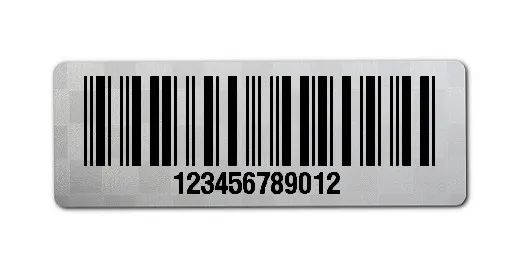 Universaletiketten Material:Polyester-Folie Silberoptik Siegeletikette Größe:36x13mm Kopfzeile:"ohne" Barcode:2a5 interleaved Stellenanzahl:12-stellig Ausführung:1 Etikette pro Nummer Menge:1000
