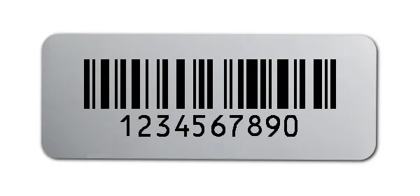 Universaletiketten Material:Polyester-Folie Silberoptik matt Größe:40x15mm Kopfzeile:"ohne" Barcode:128C Stellenanzahl:10-stellig Ausführung:1 Etikette pro Nummer Menge:1000