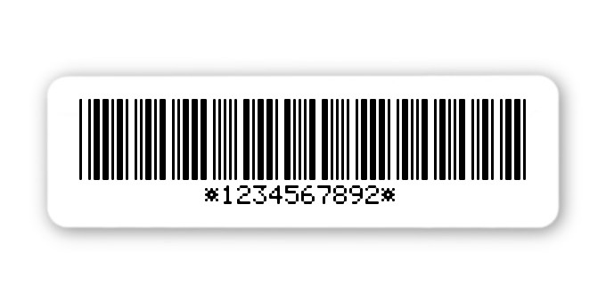 Universaletiketten Material:Polyethylen-Folie hochglänzend weiß Größe:50x15mm Kopfzeile:"ohne" Barcode:Code 39 mit Prüfziffer Stellenanzahl:10-stellig Ausführung:1 Etikette pro Nummer Menge:100