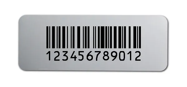 Universaletiketten Material:Polyester-Folie Silberoptik matt Größe:40x15mm Kopfzeile:"ohne" Barcode:128C Stellenanzahl:12-stellig Ausführung:1 Etikette pro Nummer Menge:100