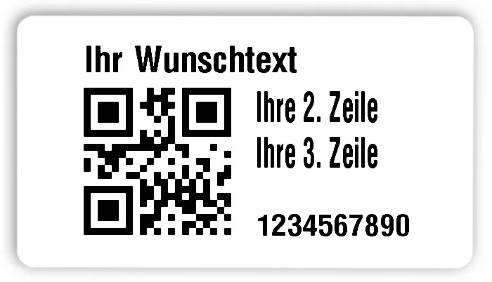 Universaletiketten Material:Folie hochglänzend weiß Größe:54x30mm Kopfzeile:"Ihr Wunschtext" Barcode:QR Stellenanzahl:10-stellig Ausführung:3 Etiketten pro Nummer Menge:300