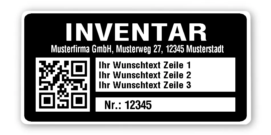 Inventaretiketten Material:Polyethylen-Folie hochglänzend weiß Größe:68x34mm Kopfzeile:"Ihr Wunschtext" Barcode:QR Stellenanzahl:5-stellig Menge:100