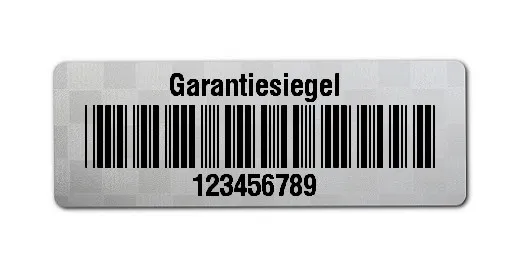 Siegeletiketten Material:Polyester-Folie Silberoptik Siegeletikette Größe:36x13mm Kopfzeile:"Garantiesiegel" Barcode:Code 39 ohne Prüfziffer Stellenanzahl:9-stellig Menge:100
