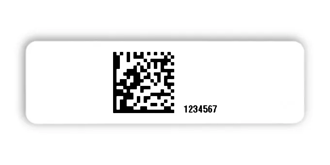 Universaletiketten Material:Folie hochglänzend weiß Größe:50x15mm Kopfzeile:"ohne" Barcode:DataMatrix Stellenanzahl:7-stellig Ausführung:4 Etiketten pro Nummer Menge:100
