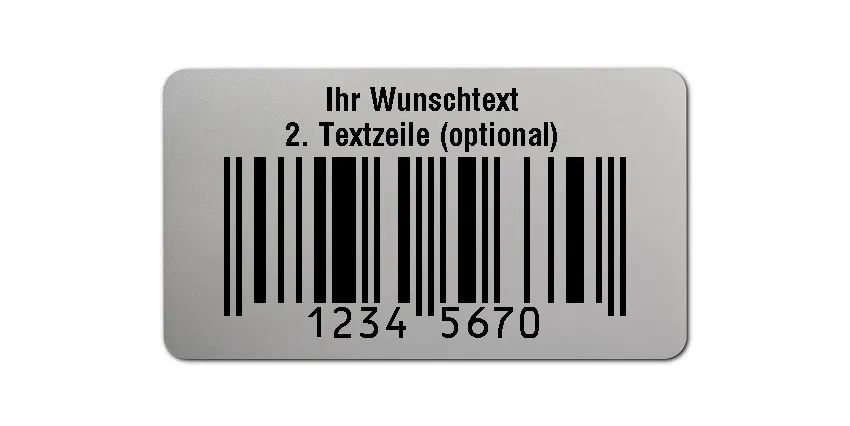 EAN Etiketten Material:Polyester-Folie Silberoptik matt Größe:45x25mm Produkt:EAN Etiketten Kopfzeile:"Ihr Wunschtext" Größe:45x25mm Barcode:EAN 8 Stellenanzahl:8-stellig Ausführung:1 Etikette pro Nummer Menge:100