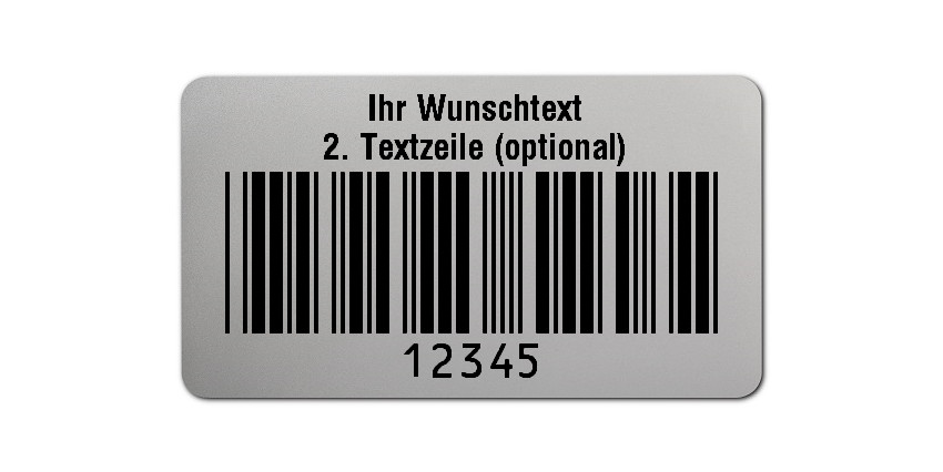 500x Prüfetiketten Folie silber, 45x25mm, 5-stellig ff, Ihr Wunschtext, 1 Etikett pro Nummer