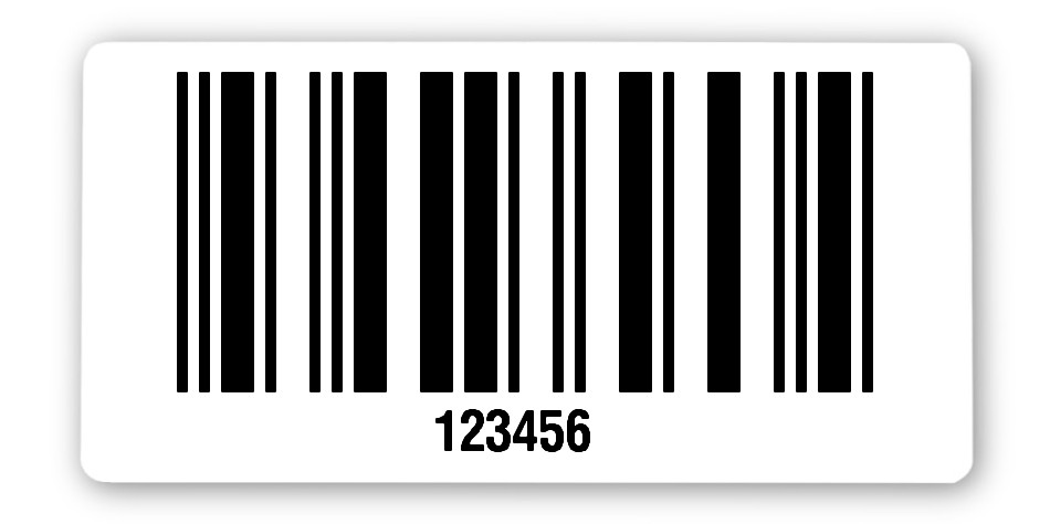 Universaletiketten Material:Polyethylen-Folie hochglänzend weiß Größe:68x34mm Kopfzeile:"ohne" Barcode:2a5 interleaved Stellenanzahl:6-stellig Ausführung:1 Etikette pro Nummer Menge:100