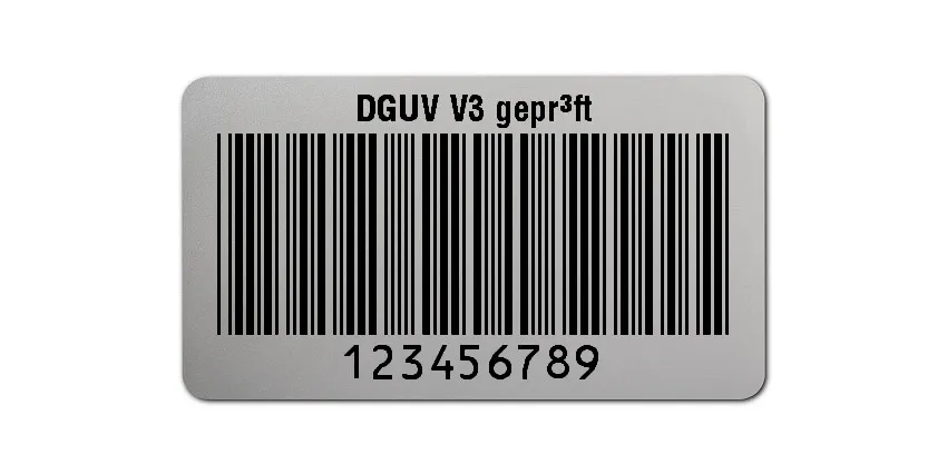 Prüfetiketten Material:Polyester-Folie Silberoptik matt Größe:45x25mm Kopfzeile:"DGUV V3 geprüft" Barcode:Code 39 ohne Prüfziffer Stellenanzahl:9-stellig Ausführung:1 Etikette pro Nummer Menge:500