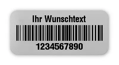 Universaletiketten Material:Polyester-Folie Silberoptik matt Größe:26x12mm Kopfzeile:"Ihr Wunschtext" Barcode:128B Stellenanzahl:10-stellig Ausführung:1 Etikette pro Nummer Menge:500