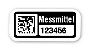 Prüfmitteletiketten Material:Folie weiß Größe:18x8mm Kopfzeile:"Messmittel" Barcode:DataMatrix Stellenanzahl:6-stellig Ausführung:1 Etikett pro Nummer Etiketten je Rolle:1000