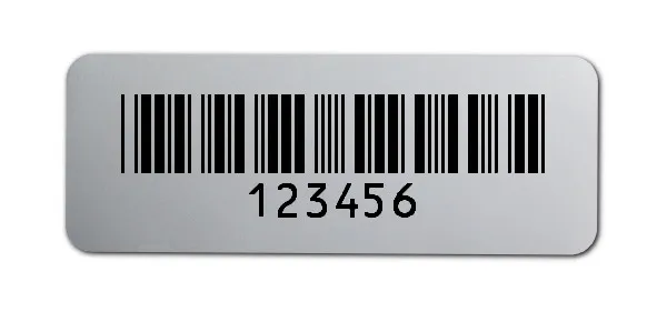 Universaletiketten Material:Polyester-Folie Silberoptik matt Größe:40x15mm Kopfzeile:"ohne" Barcode:Code 39 ohne Prüfziffer Stellenanzahl:6-stellig Ausführung:1 Etikette pro Nummer Menge:100