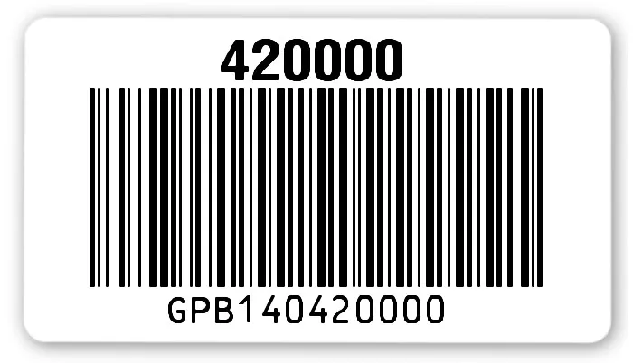 Sonderetiketten Material:Polyethylen-Folie hochglänzend weiß Größe:54x30mm Barcode:128B Stellenanzahl:12-stellig Ausführung:1 Etikette pro Nummer Menge:1000