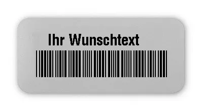 Universaletiketten Material:Polyester-Folie Silberoptik matt Größe:26x12mm Kopfzeile:"Ihr Wunschtext" Barcode:Code 39 mit Prüfziffer Stellenanzahl:9-stellig Ausführung:1 Etikette pro Nummer Menge:1000