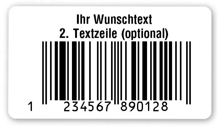 EAN Etiketten Material:Polyethylen-Folie hochglänzend weiß Größe:54x30mm Produkt:EAN Etiketten Kopfzeile:"Ihr Wunschtext" Größe:80x50mm Barcode:EAN 13 Stellenanzahl:13-stellig Ausführung:1 Etikette pro Nummer Menge:100