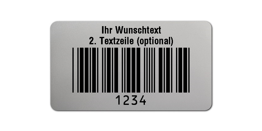 500x Prüfetiketten Folie silber, 45x25mm, 4-stellig ff, Ihr Wunschtext, 1 Etikett pro Nummer