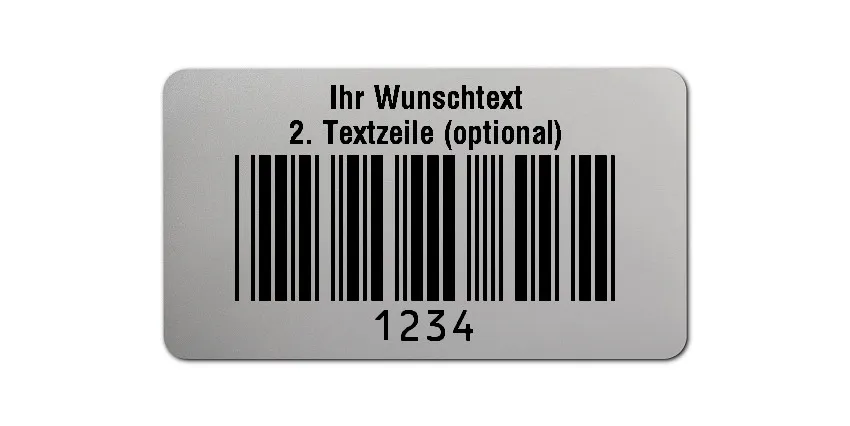 Prüfetiketten Material:Polyester-Folie Silberoptik matt Größe:45x25mm Kopfzeile:"Ihr Wunschtext" Barcode:Code 39 ohne Prüfziffer Stellenanzahl:4-stellig Ausführung:1 Etikette pro Nummer Menge:500