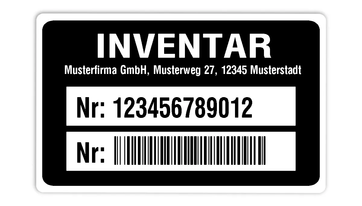 Inventaretiketten Material:Polyethylen-Folie hochglänzend weiß Größe:80x50mm Kopfzeile:"Ihr Wunschtext" Barcode:128B Stellenanzahl:12-stellig Ausführung:1 Etikette pro Nummer Menge:100