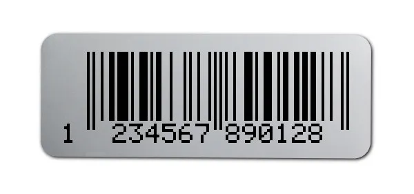 EAN Etiketten Material:Polyester-Folie Silberoptik matt Größe:40x15mm Kopfzeile:"ohne" Barcode:EAN 13 Stellenanzahl:13-stellig Menge:1000