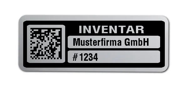Inventaretiketten Material:Polyester-Folie Silberoptik matt Größe:40x15mm Kopfzeile:"Ihr Wunschtext" Barcode:DataMatrix Stellenanzahl:4-stellig Menge:100