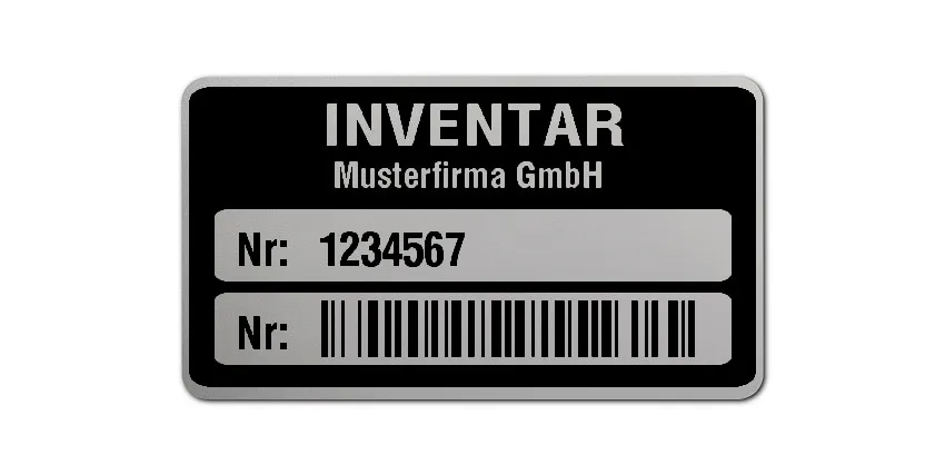Inventaretiketten Material:Polyester-Folie Silberoptik matt Größe:45x25mm Kopfzeile:"Ihr Wunschtext" Barcode:128B Stellenanzahl:7-stellig Ausführung:1 Etikette pro Nummer Menge:1000