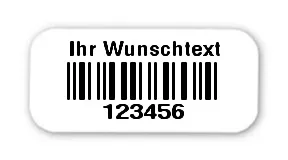Universaletiketten Material:Folie weiß Größe:18x8mm Kopfzeile:"Ihr Wunschtext" Barcode:2a5 interleaved Stellenanzahl:6-stellig Ausführung:1 Etikett pro Nummer Etiketten je Rolle:1000