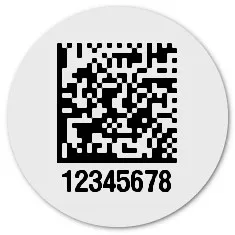 Produktbild:Universaletiketten Material:Folie weiß Größe:Ø 20mm Kopfzeile:"ohne" Barcode:DataMatrix Stellenanzahl:8-stellig Ausführung:1 Etikett pro Nummer Etiketten je Rolle:300