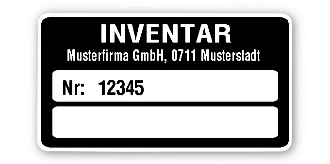 Inventaretiketten Material:Polyethylen-Folie hochglänzend weiß Größe:45x25mm Kopfzeile:"Ihr Wunschtext" Fortlaufend nummerierte INVENTAR Etiketten auf PE-Folie hochglänzend weiß oder Silberoptik matt mit Ihrem Wunschtext als Adresszeile im Kontrastdruc