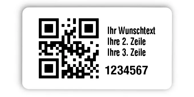 Universaletiketten Material:Polyethylen-Folie hochglänzend weiß Größe:45x25mm Kopfzeile:"Ihr Wunschtext" Barcode:QR Stellenanzahl:7-stellig Ausführung:1 Etikette pro Nummer Menge:1000