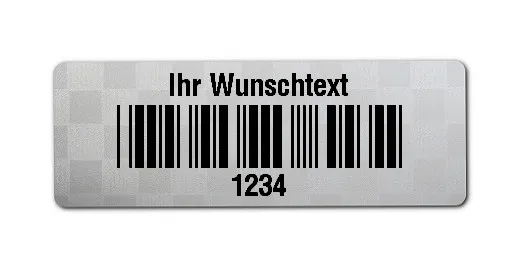 Siegeletiketten Material:Polyester-Folie Silberoptik Siegeletikette Größe:36x13mm Kopfzeile:"Ihr Wunschtext" Barcode:Code 39 ohne Prüfziffer Stellenanzahl:4-stellig Menge:1000