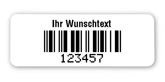 Textiletiketten Material:Patch Größe:40x15mm Kopfzeile:"Ihr Wunschtext" Barcode:2a5 mit Prüfziffer Stellenanzahl:6-stellig Ausführung:1 Etikette pro Nummer Menge:1000