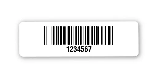 Archivierungsetiketten Material:Polyethylen-Folie hochglänzend weiß Größe:31x9mm Kopfzeile:"ohne" Barcode:128B Stellenanzahl:7-stellig Sonderetikett:Postfix 2 Menge:1000