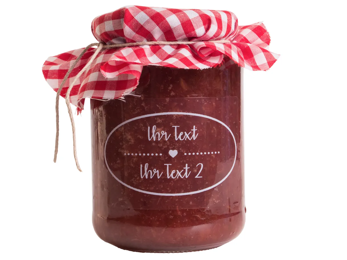 Anwendung: Marmelade Etiketten Material:Schutzetikett & weiß Größe:76x51mm Kopfzeile:"Ihr Wunschtext" Schriftart:St. Petersburg Stellenanzahl:ohne Menge:10