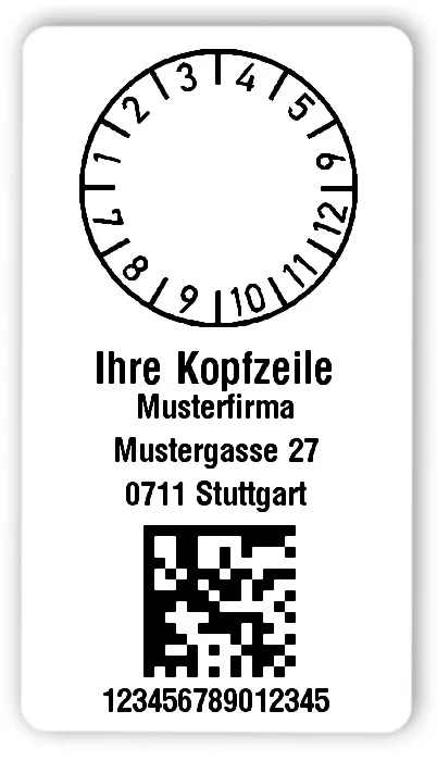 Prüfplakettenträger Material:Polyethylen-Folie hochglänzend weiß Größe:54x30mm Kopfzeile:"Ihr Wunschtext" Barcode:DataMatrix Stellenanzahl:15-stellig Ausführung:1 Etikette pro Nummer Menge:300