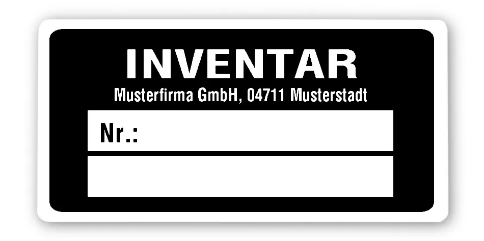 Inventaretiketten Material:Polyethylen-Folie hochglänzend weiß Größe:68x34mm Kopfzeile:"Ihr Wunschtext" Stellenanzahl:ohne Menge:1000