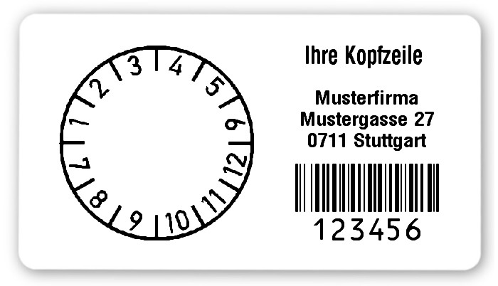 300x Prüfplaketten Folie weiß, 54x30mm, 128B 6-stellig ff, Ihr Wunschtext, 1 Etikett pro Nummer