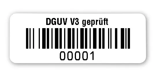Universaletiketten Material:Folie hochglänzend weiß Größe:40x15mm Kopfzeile:"DGUV V3 geprüft" Barcode:128B Stellenanzahl:5-stellig Ausführung:1 Etikette pro Nummer Menge:1000